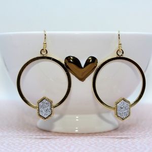 Geometric Silver Druzy Hoop Earrings